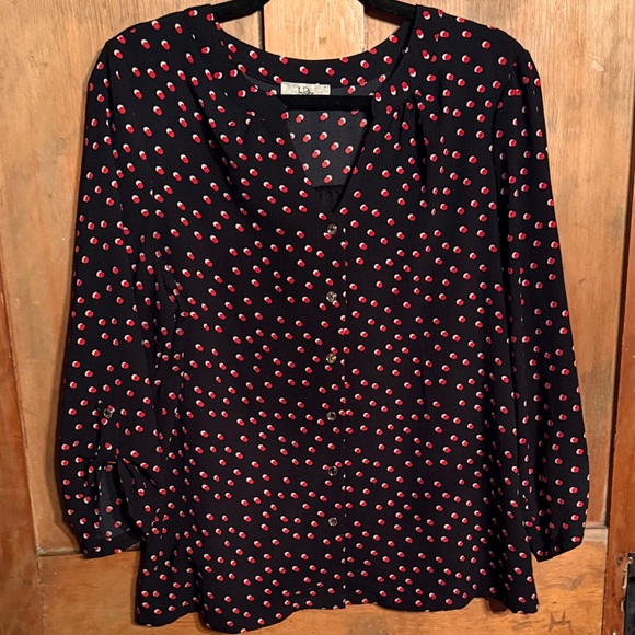 Ivy Ridge Tops - Elegant Ivy Ridge Black Button Front Blouse with Red & White Dots